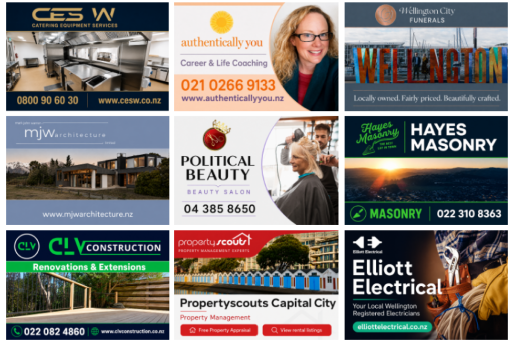 Nine Wellington News Business Directory members including Catering Equipment Services, Authentically You, Wellington City Funerals, MJW Architecture, Political Beauty, Hayes Masonry, CLV Construction, Propertyscouts Capital City and Elliott Electrical.