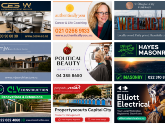 Nine Wellington News Business Directory members including Catering Equipment Services, Authentically You, Wellington City Funerals, MJW Architecture, Political Beauty, Hayes Masonry, CLV Construction, Propertyscouts Capital City and Elliott Electrical.