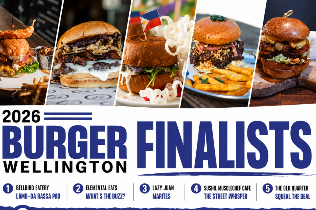 Burger Wellington 2026 finalists graphic showing the five finalist burgers from Bellbird Eatery, Elemental Eats, Lazy Juan, Sushil Musclechef Café and The Old Quarter.