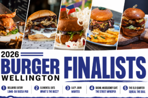 Burger Wellington 2026 finalists graphic showing the five finalist burgers from Bellbird Eatery, Elemental Eats, Lazy Juan, Sushil Musclechef Café and The Old Quarter.