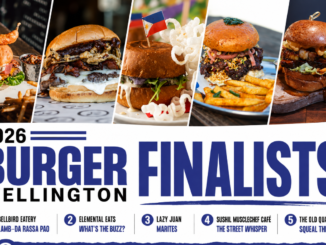 Burger Wellington 2026 finalists graphic showing the five finalist burgers from Bellbird Eatery, Elemental Eats, Lazy Juan, Sushil Musclechef Café and The Old Quarter.