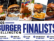 Burger Wellington 2026 finalists graphic showing the five finalist burgers from Bellbird Eatery, Elemental Eats, Lazy Juan, Sushil Musclechef Café and The Old Quarter.
