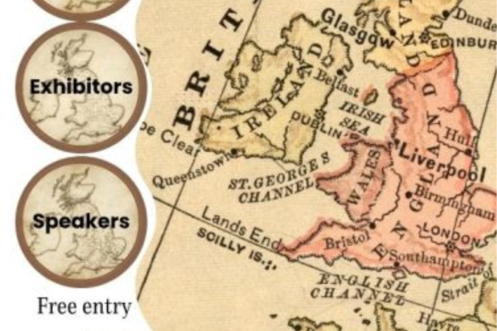 Promotional graphic for Family History Month showing a vintage map of Ireland, England and Wales, with references to exhibitors, speakers and free entry.