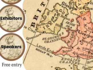 Promotional graphic for Family History Month showing a vintage map of Ireland, England and Wales, with references to exhibitors, speakers and free entry.