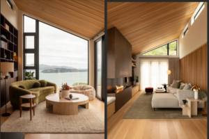 Interior of Khandallah House with timber ceilings, large windows, harbour views and modern living spaces.