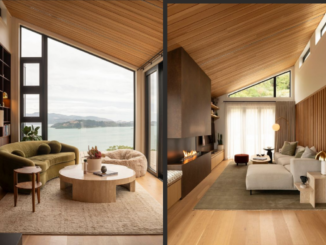 Interior of Khandallah House with timber ceilings, large windows, harbour views and modern living spaces.