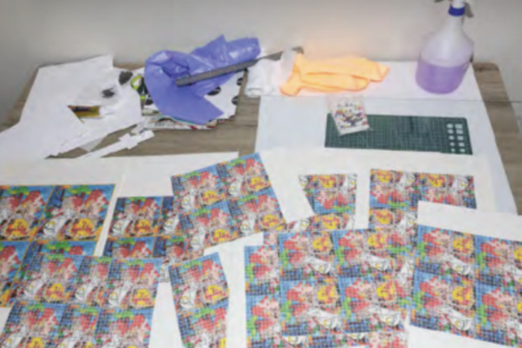 A workbench covered with colourful printed sheets and small cards, alongside gloves, a cutting mat, tools and a spray bottle.