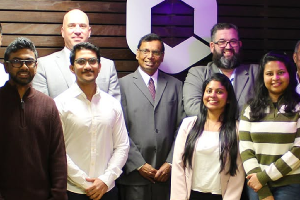 Sri Lankan High Commissioner Prasanna Gamage with Data Torque staff during a visit to the Wellington-based IT company