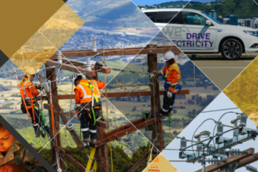 Wellington Electricity workers carrying out power infrastructure work, with electricity network equipment and a Wellington Electricity vehicle shown in a composite image.