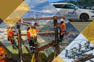 Wellington Electricity workers carrying out power infrastructure work, with electricity network equipment and a Wellington Electricity vehicle shown in a composite image.