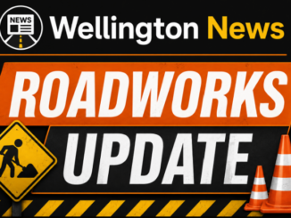 Wellington News Roadworks Update graphic with roadworks sign, traffic cones and construction hazard stripes.