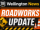 Wellington News Roadworks Update graphic with roadworks sign, traffic cones and construction hazard stripes.