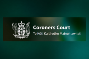 Coroners Court logo with the words “Coroners Court” and “Te Kōti Kaitirotiro Matewhawhati” on a dark green background.