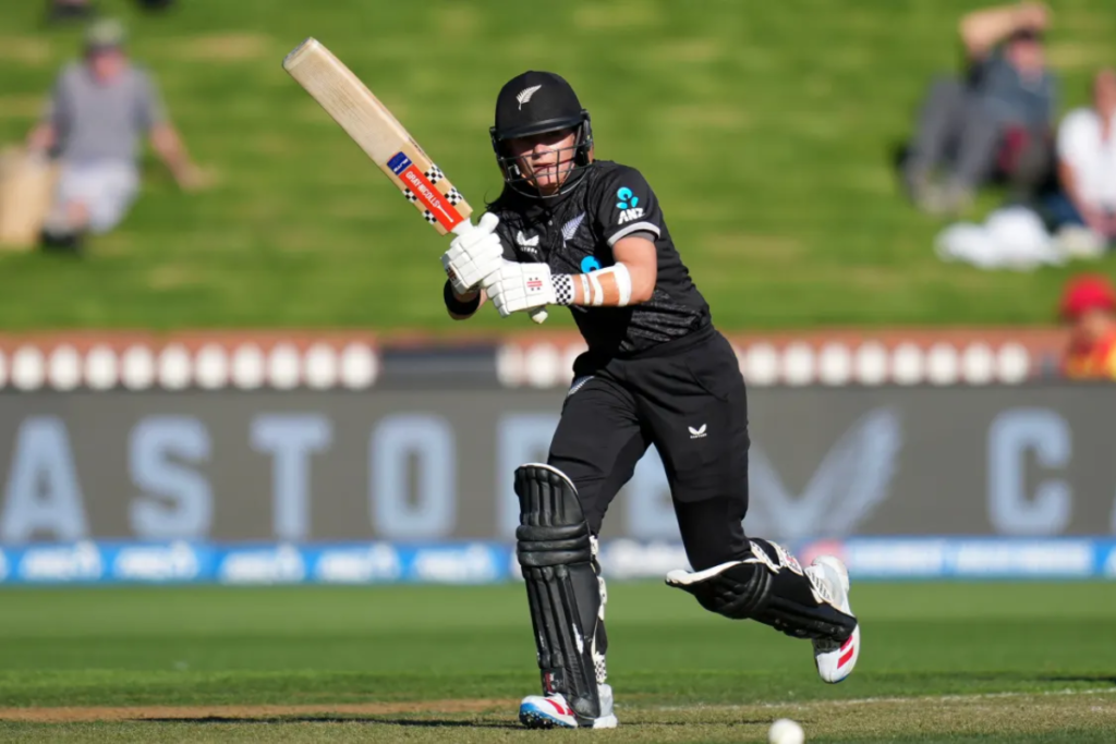 White Ferns cricketer Amelia Kerr plays a shot while batting for New Zealand.
