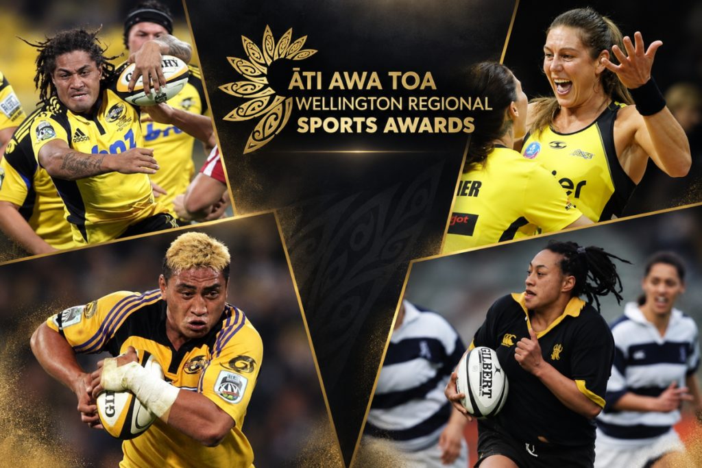 Composite graphic showing four athletes in action around the Āti Awa Toa Wellington Regional Sports Awards logo.