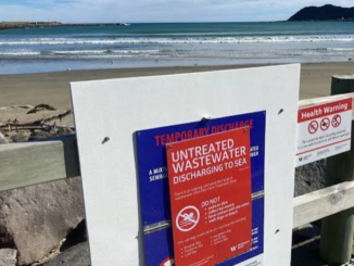 Temporary untreated wastewater discharge warning sign on Wellington’s South Coast beach following the Moa Point wastewater treatment plant failure.