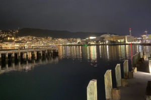 Wellington Harbour at night, with waterfront lights reflecting across the water and the city hills in the background.