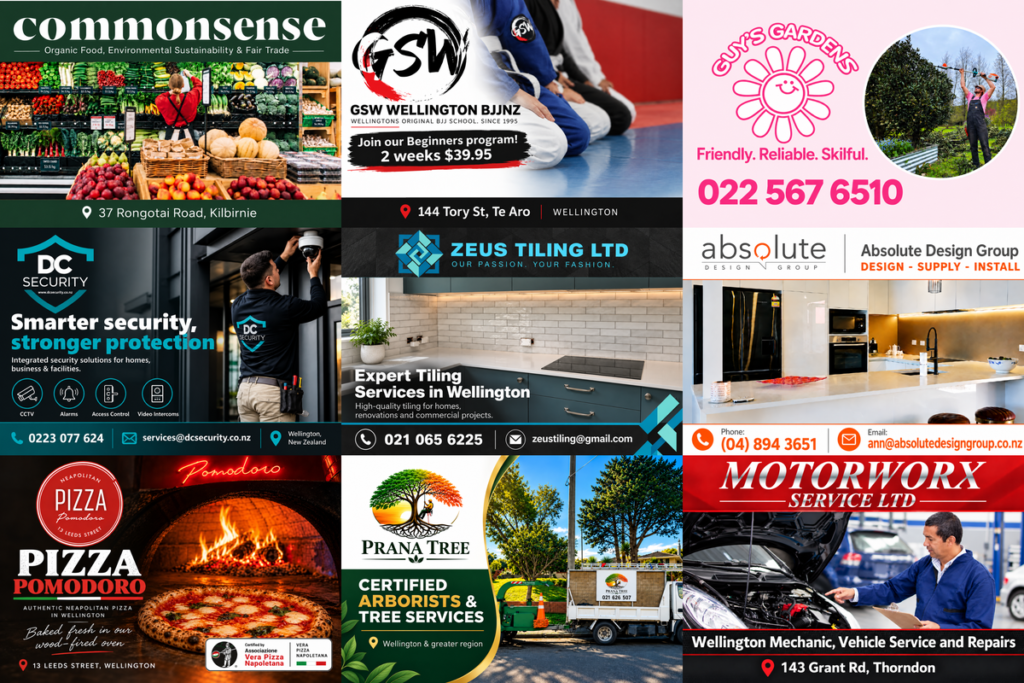 Collage featuring the nine Wellington businesses joining the Wellington News Business Directory this week.