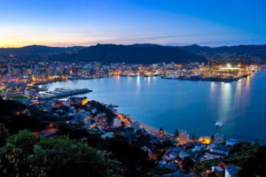 Wellington city and harbour at dusk, viewed from the hills above the central city.
