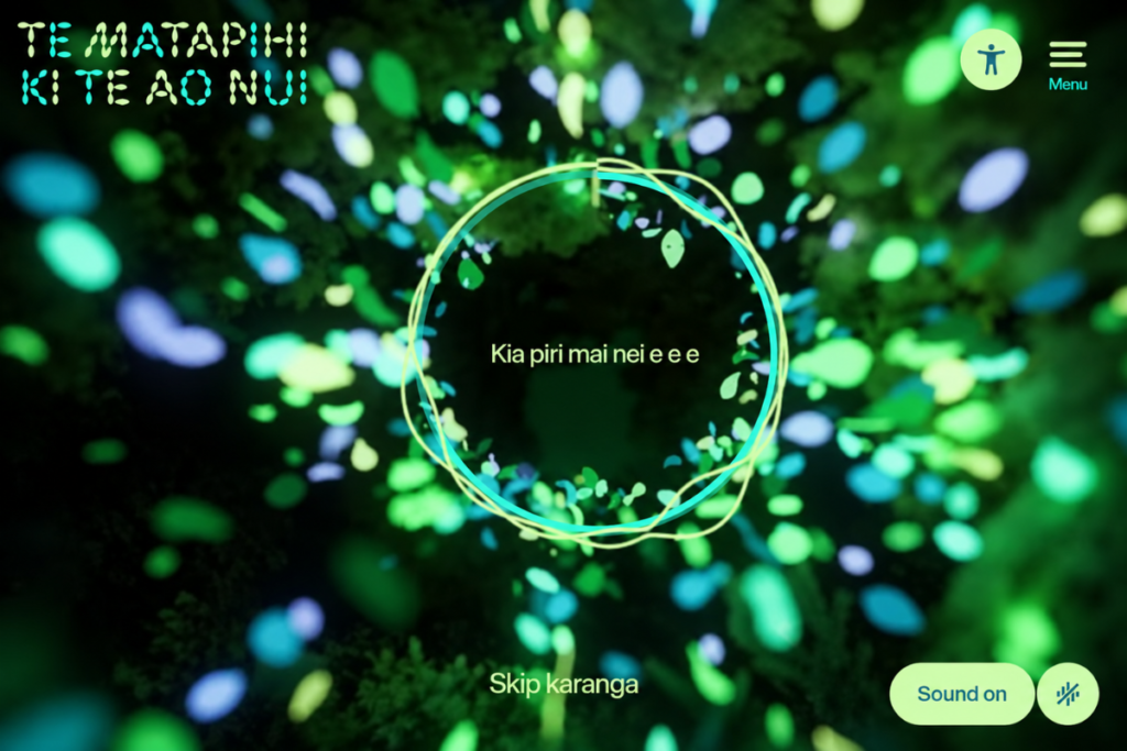 Screenshot of the Te Matapihi ki te Ao Nui website showing its animated green and blue homepage.