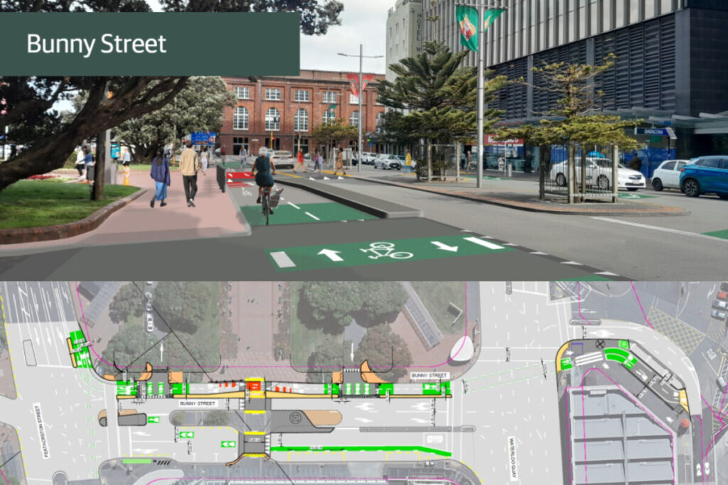 Rendered view of the proposed Bunny Street design with a separated green cycle lane, wider footpaths, pedestrians and cyclists.