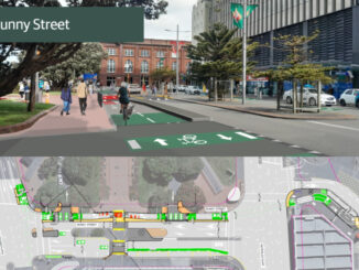 Rendered view of the proposed Bunny Street design with a separated green cycle lane, wider footpaths, pedestrians and cyclists.