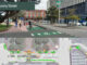 Rendered view of the proposed Bunny Street design with a separated green cycle lane, wider footpaths, pedestrians and cyclists.