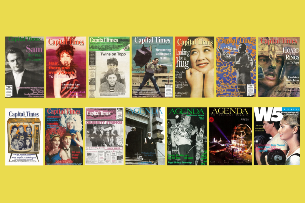 Two rows of Capital Times, Agenda and W5 covers on a yellow background.