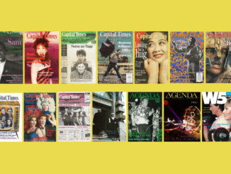Two rows of Capital Times, Agenda and W5 covers on a yellow background.