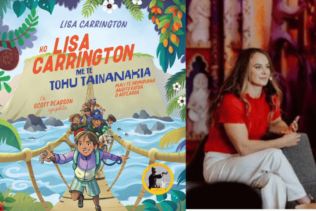 Illustrated cover of a Lisa Carrington children's book alongside a publicity photograph of a woman seated indoors.