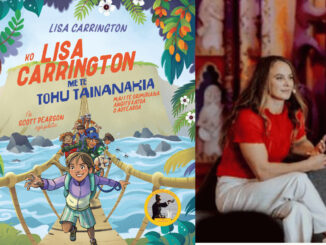 Illustrated cover of a Lisa Carrington children's book alongside a publicity photograph of a woman seated indoors.