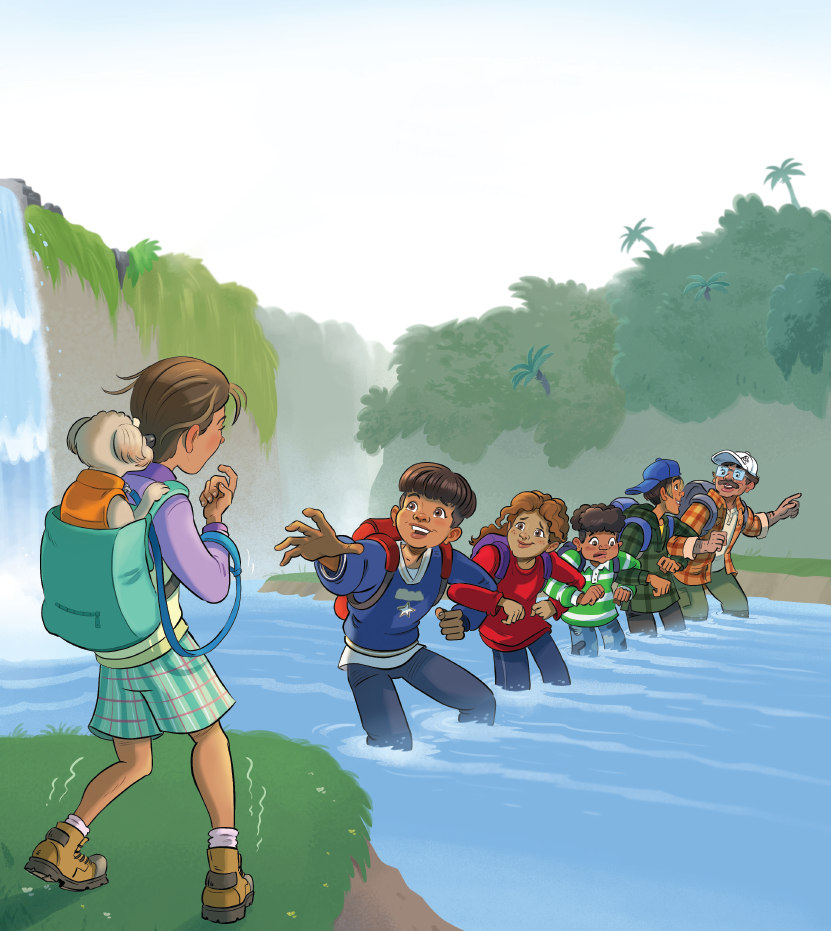 An illustrated outdoor adventure scene from Lisa Carrington Rescues a Rascal. Illustration: Scott Pearson, supplied by HUIA.